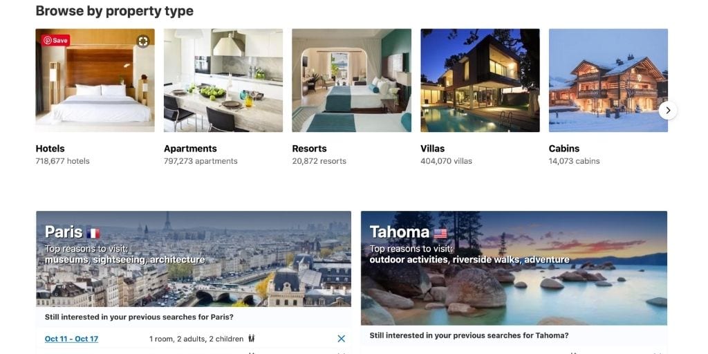 Screenshot of Booking.com vacation rentals landing page