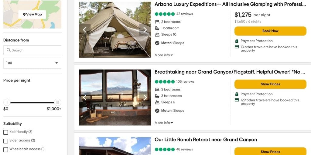 screenshot of TripAdvisor Vacation Rentals booking search results for Grand Canyon