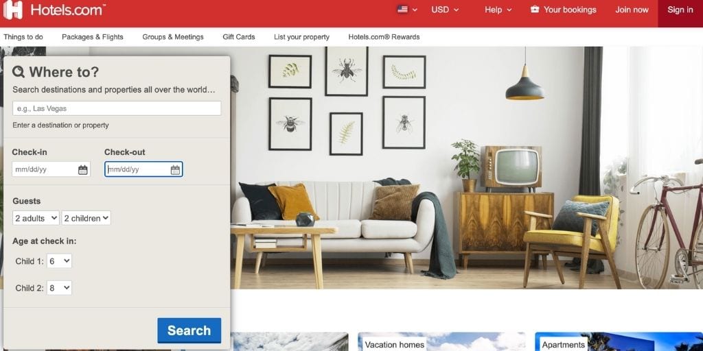 Hotels.com vacation rental booking screenshot