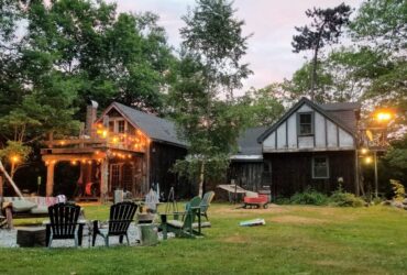 large backyard at dusk