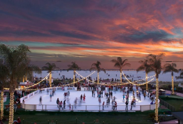 Skating by the Sea outdoor ice rink in San Diego in the evening