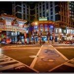 night view of crosswalk and buildings in Washington, D.C. Chinatow