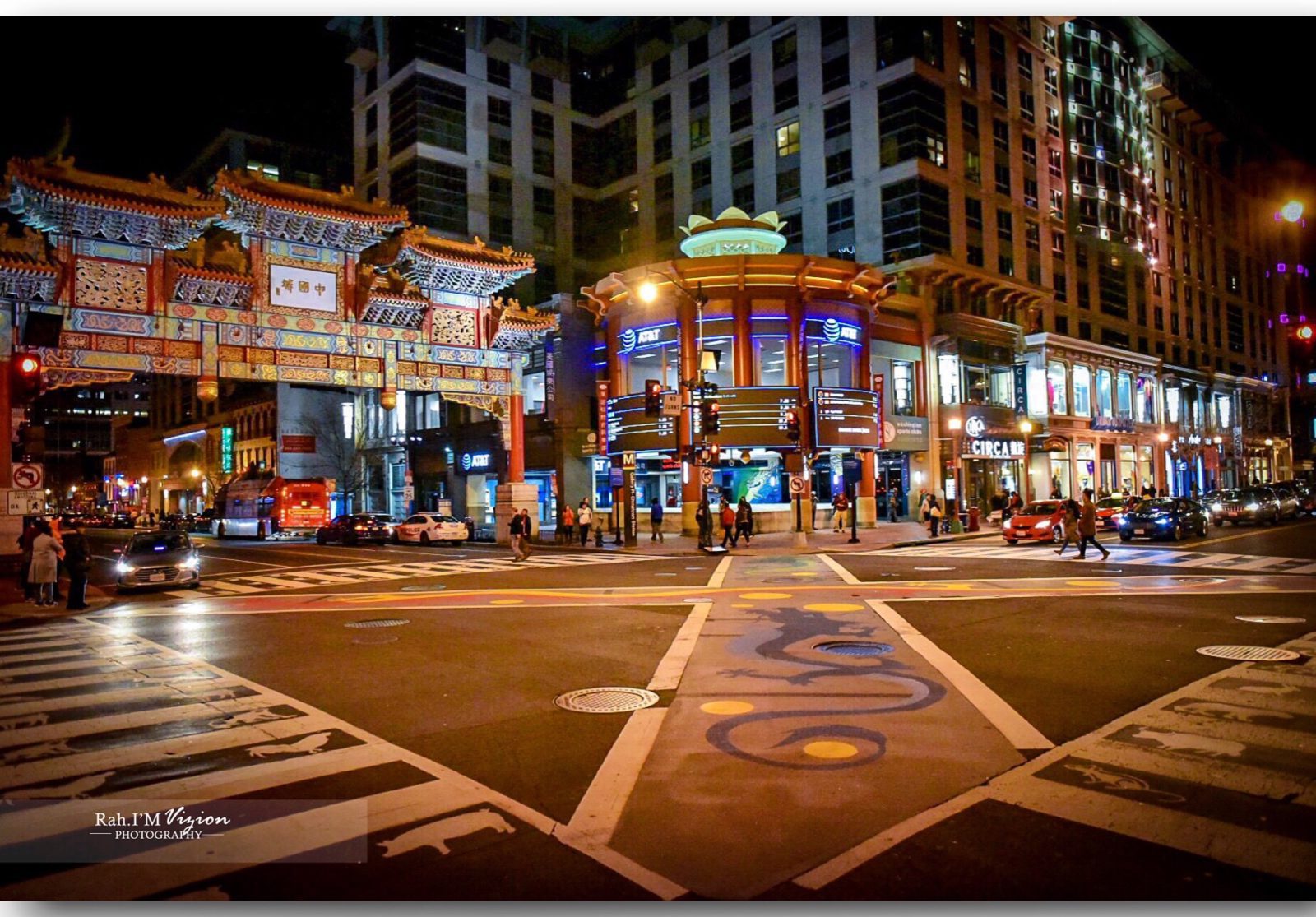 night view of crosswalk and buildings in Washington, D.C. Chinatow