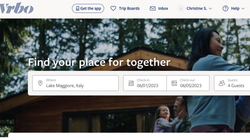 Vrbo vacation rental search engine homepage with search box