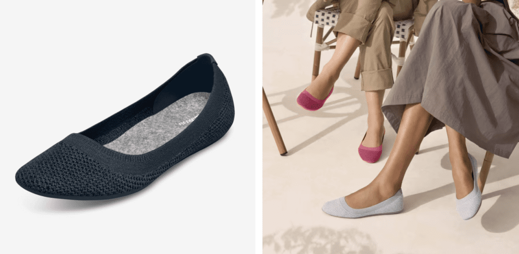 Close-up and lifestyle shot of Allbirds Tree Breezers flats