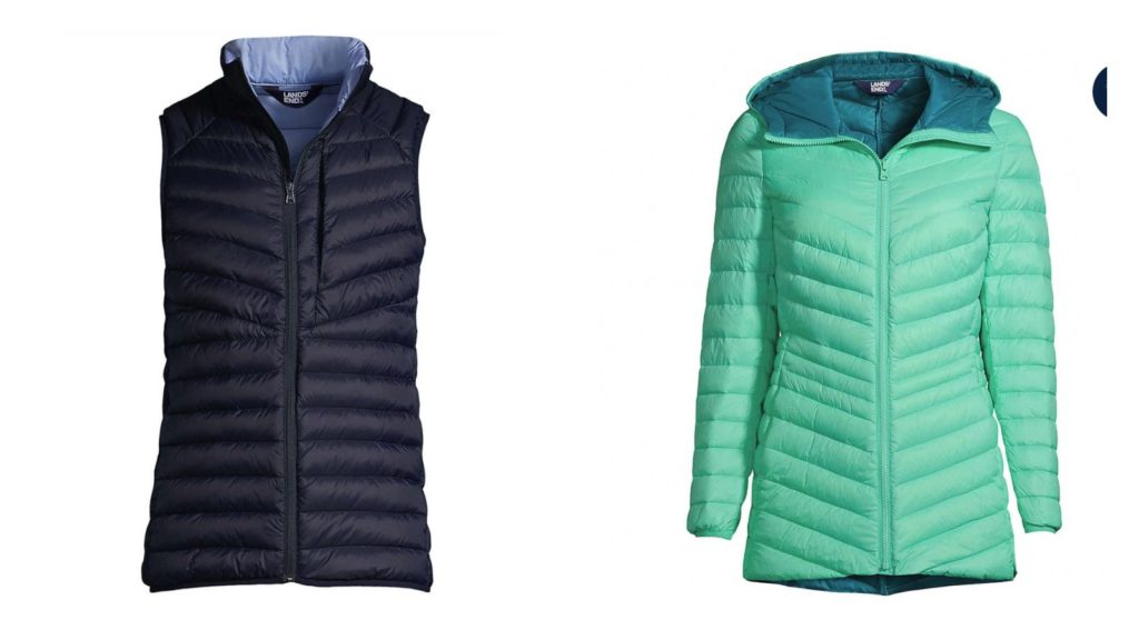 Lands End packable vest and down jacket in black and green