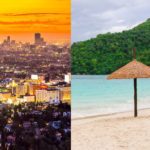 Split image showing rush hour at sunset in Los Angeles on the left and a single umbrella on a Cayman Island beach on the right