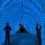 kids in the megalodon tunnel at Glowfari at the Oakland Zoo.