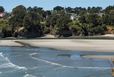 view of Big River Beach with town of Mendocino in background