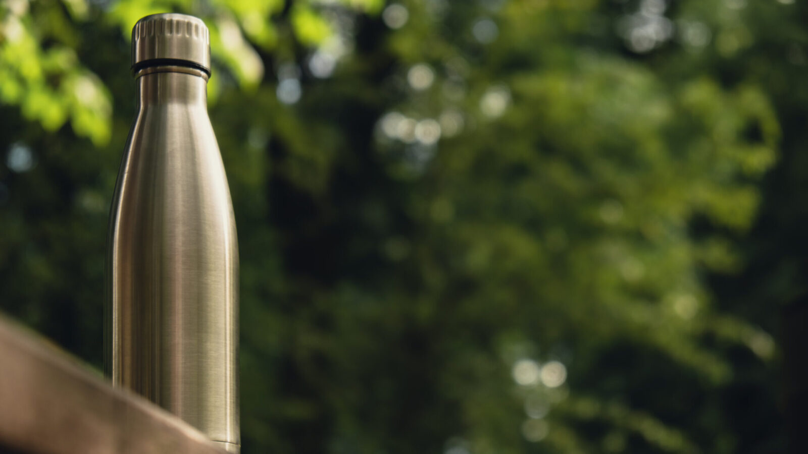 silver travel water bottle sitting on a bench in a forest