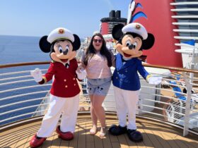 Megan with Captain Mickey and Captain Minnie on Disney Cruise Line