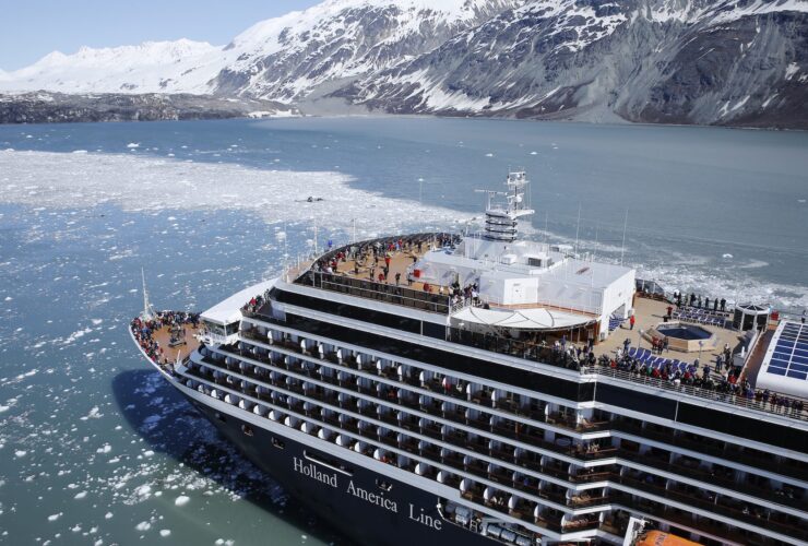 Holland America ship in Alaska with icebergs in background