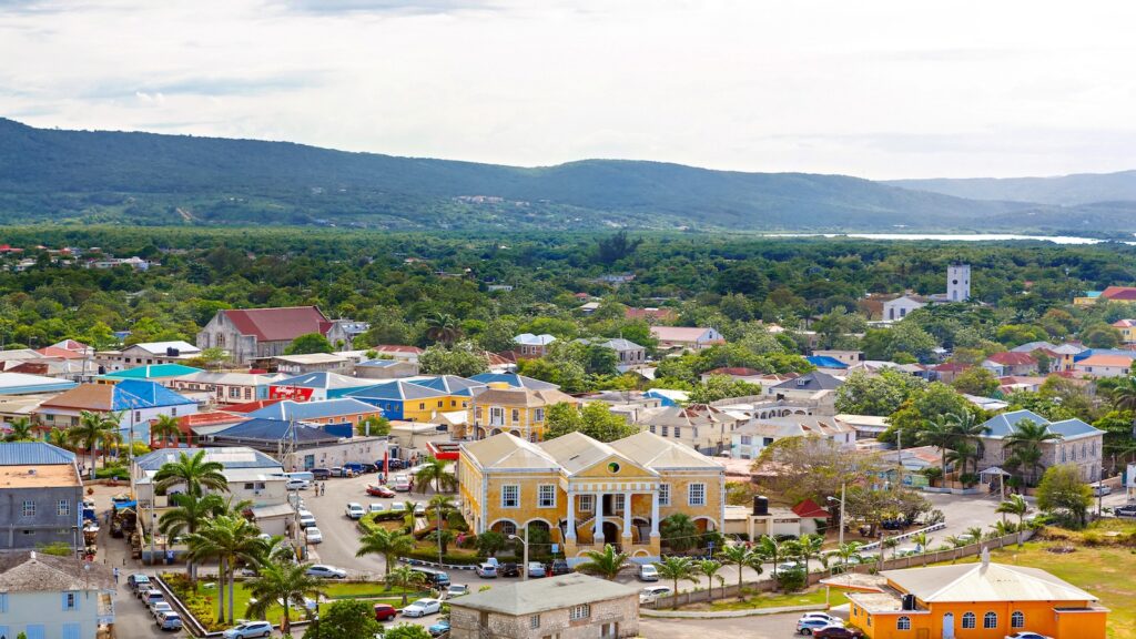 Falmouth port in Jamaica island, the Caribbeans. With old houses and duty free zone. From above, picture from cruise ship liner.