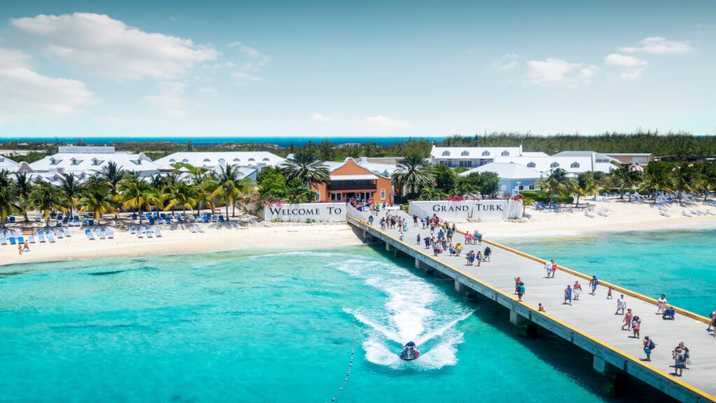 Grand Turk cruise port terminal and pier crowded with cruise passengers