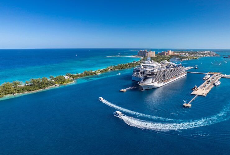 View of cruise ship as it comes into a Caribbean port