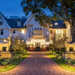 A nighttime view of The Mansion at The Inn at Stonecliffe