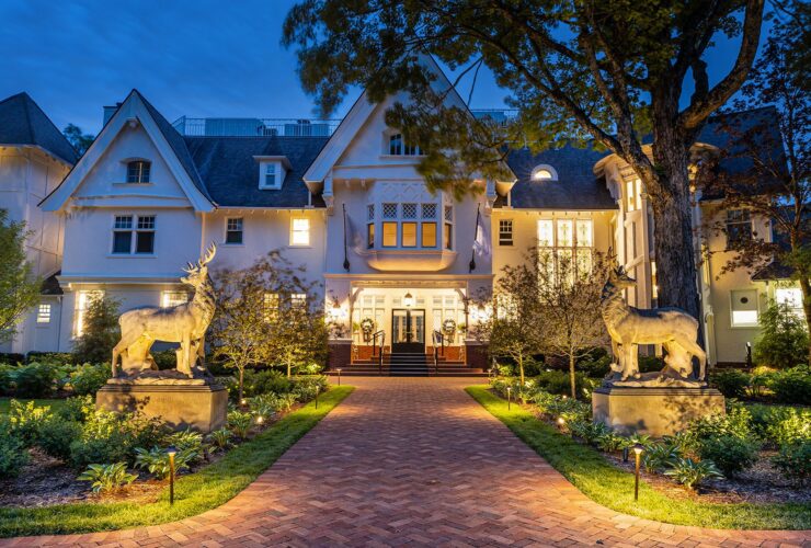 A nighttime view of The Mansion at The Inn at Stonecliffe