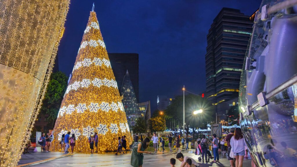 Giant Christmas tree-shaped lights along the street