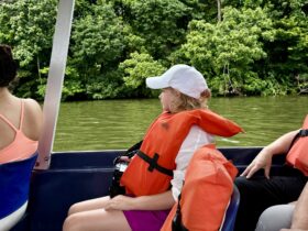 child on a Trafalgar tour of Costa Rica looking out from a seat on a boat in Tortuguero National Park