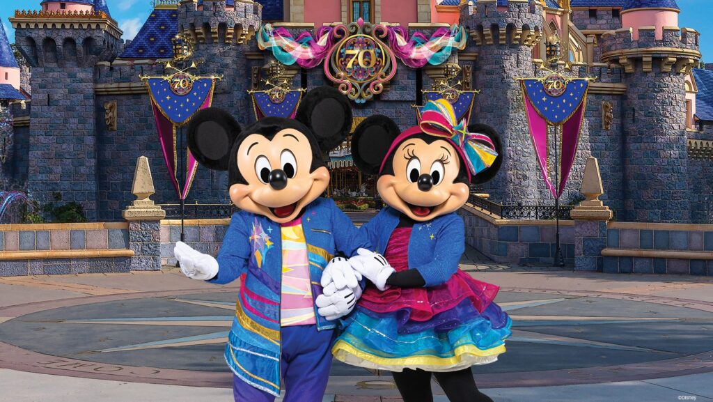 Mickey and Minnie Mouse in their 70th Anniversary Outfits