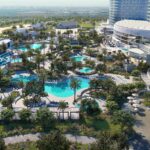 An aerial rendering of the pool and water park area at Gaylord Pacific Resort